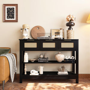English Elm 43.3" Farmhouse Console Table Rattan Drawer Fronts Open Shelving Entryway Storage Black T3210P426419