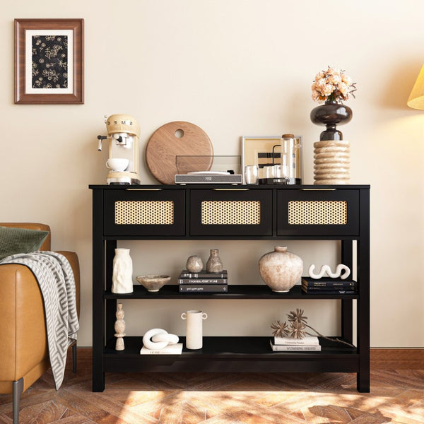 English Elm 43.3" Farmhouse Console Table Rattan Drawer Fronts Open Shelving Entryway Storage Black T3210P426419