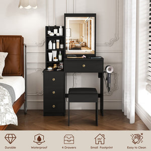 English Elm Modern Vanity Desk with Led Lighting Four Drawers Glossy Mdf and Dressing Chair W509P465829