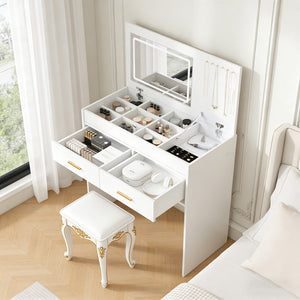 English Elm Flip Top Makeup Vanity Desk with Led Mirror Built-in Outlet and Jewelry Hooks W2699P404630