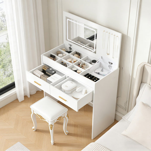 English Elm Flip Top Makeup Vanity Desk with Led Mirror Built-in Outlet and Jewelry Hooks W2699P404630
