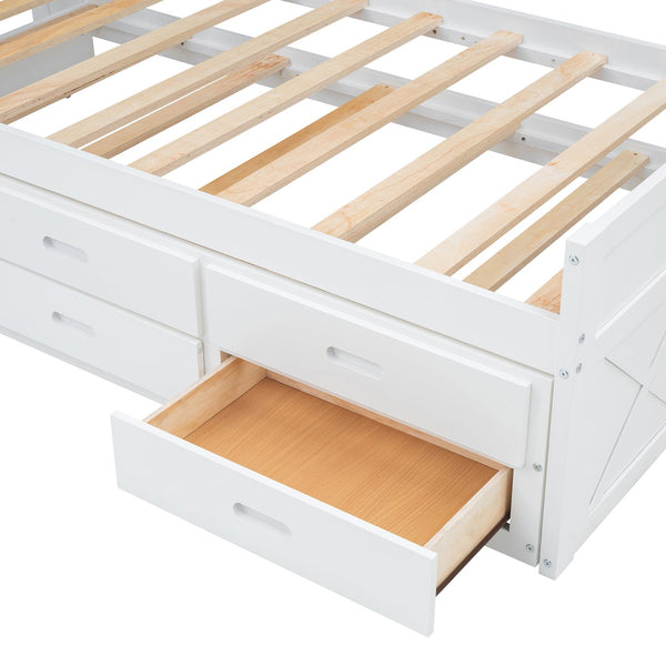 English Elm Twin Storage Bed with Headboard Outlets, Extendable Trundle & 3 Drawers, Durable MDF/Plywood Design White 80.5 L x 17.75 W x 5.25 H N733S172839K