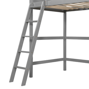 English Elm Loft Bed with Built-in Slide Solid Pine Twin Frame for Kids Bedroom Play Gray N708P360090E