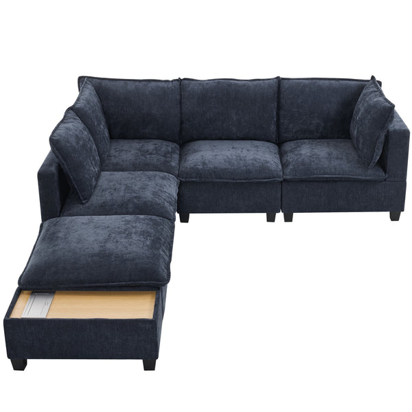 English Elm 90" U-shaped Sectional Sofa Modular Couch with Movable Ottoman, Hidden Charging Coffee Table, Durable Comfort Blue N719S001780C