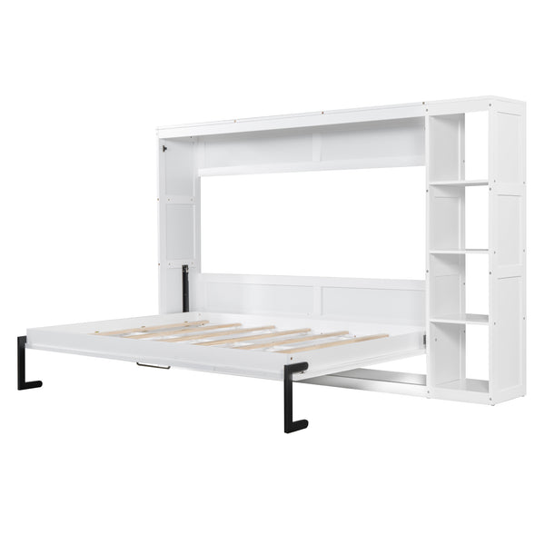 English Elm Full Full Size Murphy Bed with Bookshelf and Fold-Down Work Surface, Space-Saving LVL/MDF Design White GX002220AAK