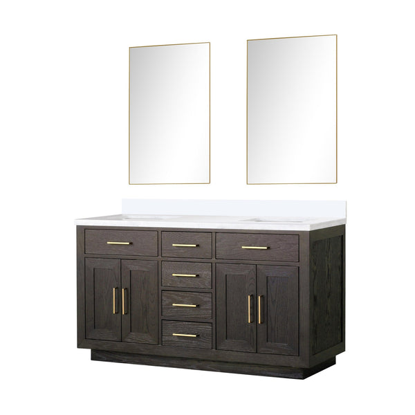 English Elm Brown Oak Double Bath Vanity With White Quartz Top & 28" Mirrors - Elegant, Durable, Modern Design! B2731S01532