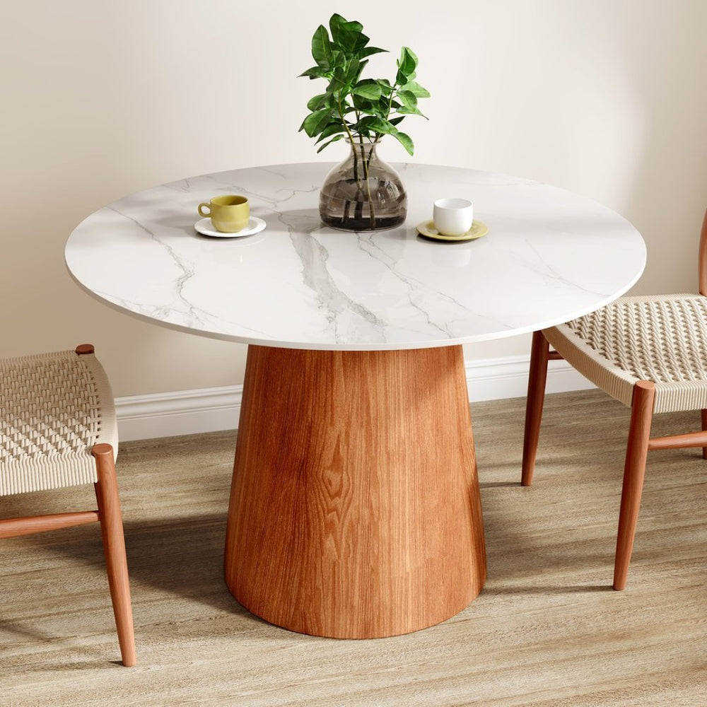 English Elm Small Round Pedestal Dining Table 43" - Elegant White & Walnut Finish For 2-4 Person Dining Spaces T3833S00041-GIGA