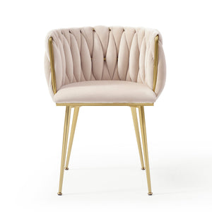 English Elm Modern Velvet Dining Chairs Set of 2 with Woven Backrest and Gold Metal Legs, Elegant Arc Design for Home Beige W1117P209795