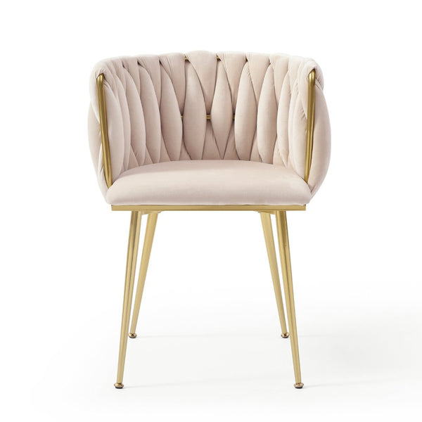 English Elm Modern Velvet Upholstered Dining Chairs Woven Back Gold Legs Set of 2 for Any Room W1117P440615