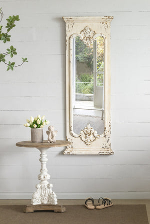 English Elm D22.5x27" Vintage-Inspired Antique White Round Side Table with Carved Floral Pedestal, Fir Wood Finish, Casual French Country Charm W2078P290098