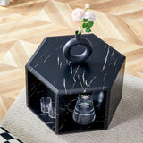 Hexagonal MDF Coffee Table with Pattern Stickers, Multi-Hole Design for Storage, Versatile Style.