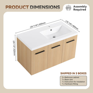 English Elm 36" Floating Bathroom Vanity Light Oak Modular Cabinet with Gel Coat Integrated Sink W3450S00082
