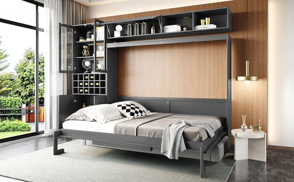 English Elm Queen Murphy Wall Bed Sofa with Open Shelving Usb Charging and Integrated Studio Lighting Gray LP100764AAE