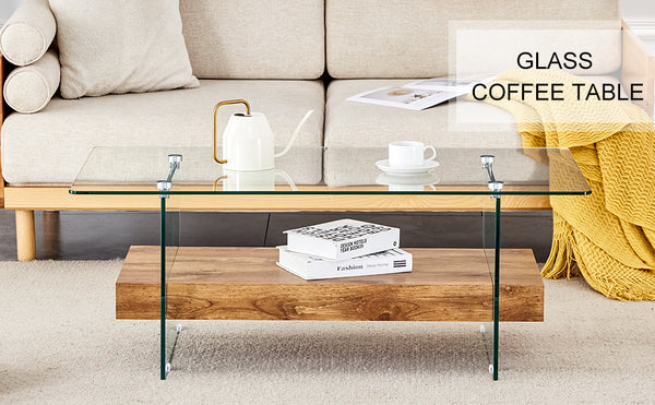 English Elm 40.3-inch Retro Double-Layer Coffee Table with Tempered Glass Shelves, Wood-Grain Finish, 250lb Capacity W1512P317685