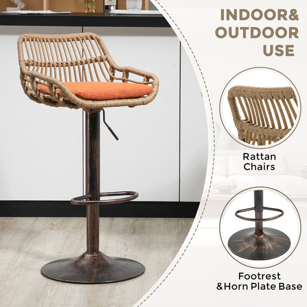 English Elm Modern Swivel Bar Stools Set of 2 Adjustable Counter Height Chairs with Linen Seat, Retro Rattan Back, 360° Rotation and Footrest, Vintage Gold Base, Durable Indoor/Outdoor Seating (Seat Height 25.6–33.9") Orange W39594824