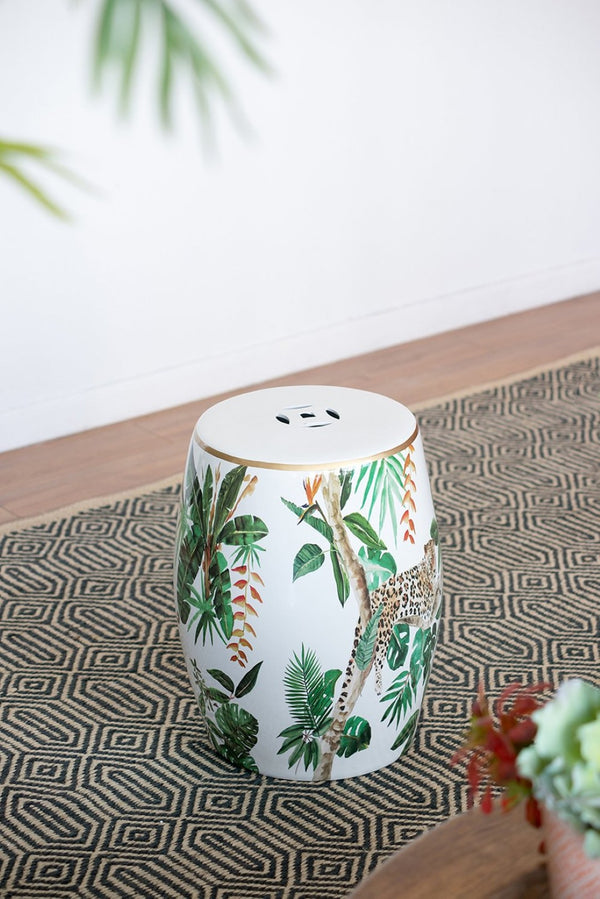 English Elm 13x13x18" Hand-painted Ceramic Stool Bohemian Jungle Motif Accent Seat or Side Table W2078P456916