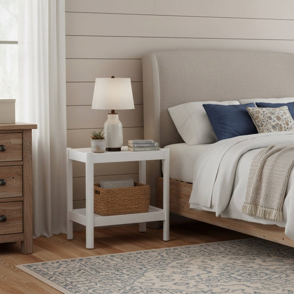 English Elm Yonda White Nightstand with Two Raised-Edge Shelves, Rounded Corners, Floor Glides — Solid Wood/MDF Elegance B050P376964