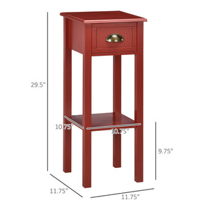 English Elm HOMCOM Narrow 2-Tier Side Table with Drawer and Elevated Shelf — Slim Accent End Table, Sturdy Storage Red W2225P200906