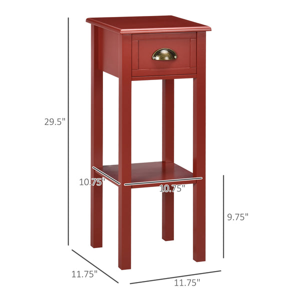 English Elm HOMCOM Narrow 2-Tier Side Table with Drawer and Elevated Shelf — Slim Accent End Table, Sturdy Storage Red W2225P200906