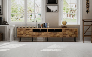 English Elm Mid retro TV Stand for TVs up to 85" — Medieval-inspired media console with 2 drawers, 4 cabinets, cable management Natural N710P193724P