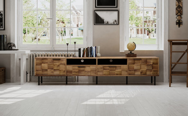 English Elm Mid retro TV Stand for TVs up to 85" — Medieval-inspired media console with 2 drawers, 4 cabinets, cable management Natural N710P193724P