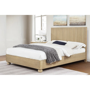 English Elm Queen Fluted Wood Platform Bed with Round Feet, Light Oak Finish—Modern Minimalist, Sculptural Warmth B011S01966