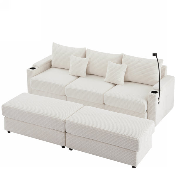 English Elm 95.3" Modern 3-Seater Sectional Sofa With Dual Ottomans, Usb Ports, Cup Holders & Hidden Storage N719S001613A