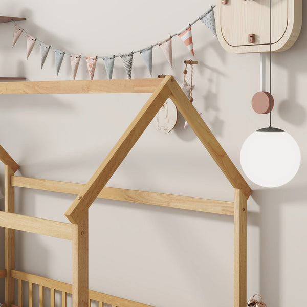 English Elm Twin Size House Floor Bed With Roof Frame & Safety Guardrails - Cozy & Imaginative Playtime Haven W504P286404-GIGA