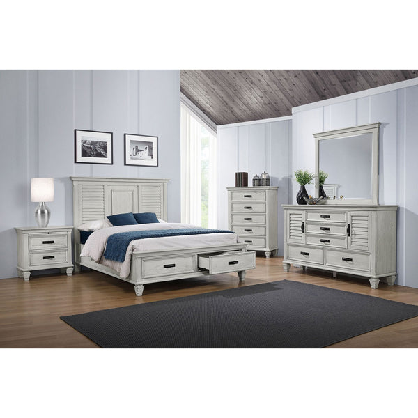 English Elm Capistrano Distressed White Eastern King Bed with Storage Drawers, High Louvered Headboard, Rustic Charm B062S00931