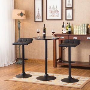 English Elm Belham Black Round Top Adjustable Height Bar Table and 2 Swivel Black Bonded Leather Adjustable Bar Stool Bar Sets