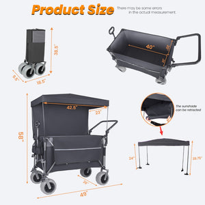 English Elm Multi-functional Folding Wagon with Canopy All Terrain Tires 480lb Steel Frame Outdoor Black+ Gray W2932P417663