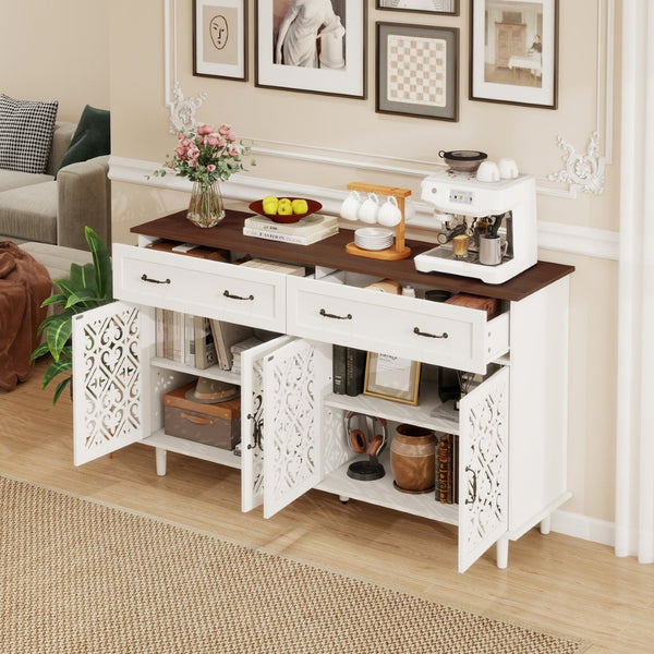 English Elm Vintage Farmhouse Sideboard with Hand-carved Doors Two-tone Distressed Wood Finish W688P360028