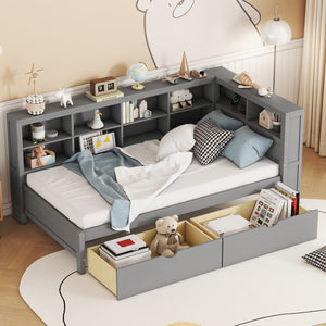 English Elm Wooden Twin Daybed with 2 Drawers, Built-In USB Charging & Double Shelf Storage, Pine Frame Durable Grey 42.91 L x 16.73 W x 6.69 H N733S170510E