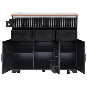 English Elm K&K 46.5'' Farmhouse Kitchen Island Cart with Beaded Drapes, Drop Leaf, Power Hub, Ample Storage Black N707P254872B