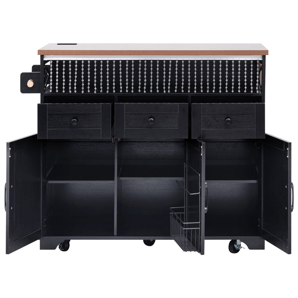 English Elm K&K 46.5'' Farmhouse Kitchen Island Cart with Beaded Drapes, Drop Leaf, Power Hub, Ample Storage Black N707P254872B