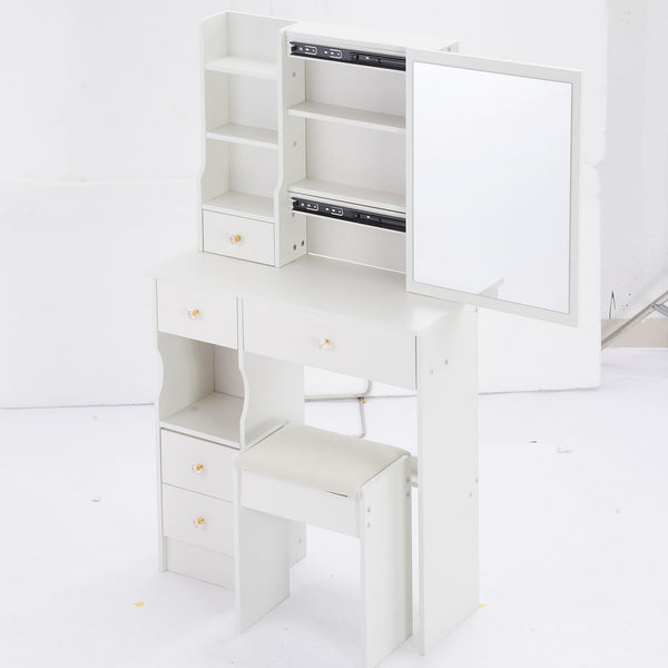 English Elm 29.2" Stylish Compact Vanity Table Set With Cushioned Stool & Large Sliding Mirror For Small Spaces W936P226026