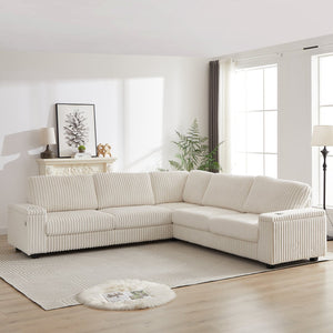 English Elm 110-Inch Oversized Corduroy Corner Sofa with Storage, USB & Cup Holders, Deep Plush Seating Comfort Beige W834S00284