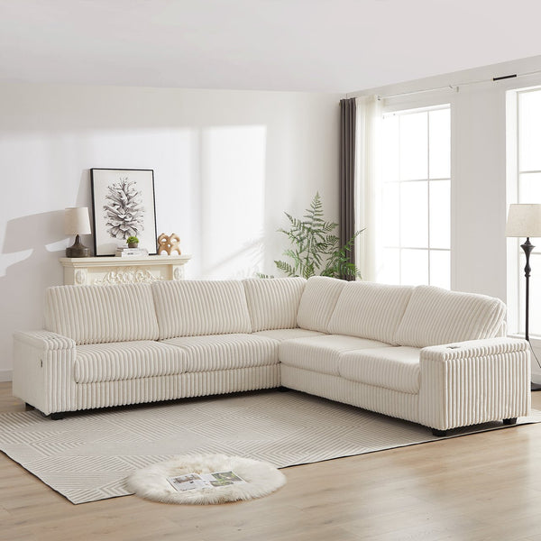 English Elm 110-Inch Oversized Corduroy Corner Sofa with Storage, USB & Cup Holders, Deep Plush Seating Comfort Beige W834S00284