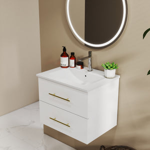 English Elm 24-Inch Wall-Mounted Vanity With Ceramic Sink, Dual Drawers, Gold Handles, Space-Saving Design W3151S00038
