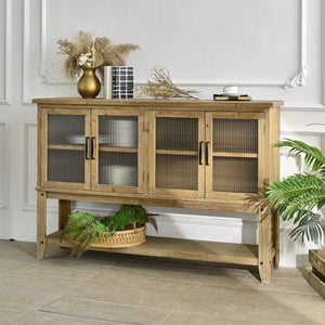 English Elm 59.06" Rustic Wood Sideboard with Glass Door Cabinet and Open Shelf for Dining Room W3933P379119