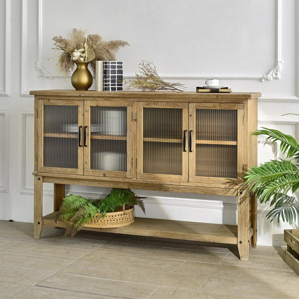 English Elm 59.06" Rustic Wood Sideboard with Glass Door Cabinet and Open Shelf for Dining Room W3933P379119