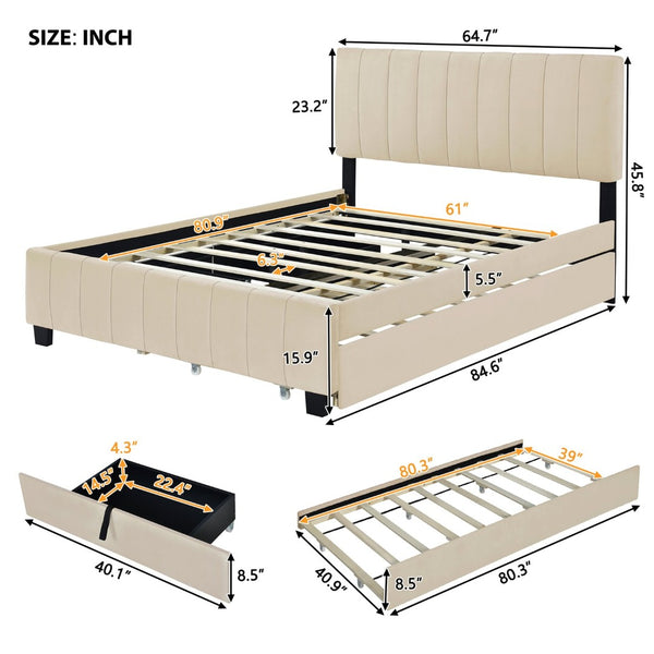 English Elm Queen Tufted Velvet Platform Bed with Storage Drawers and Pull Out Trundle Beige LP000714AAA-1