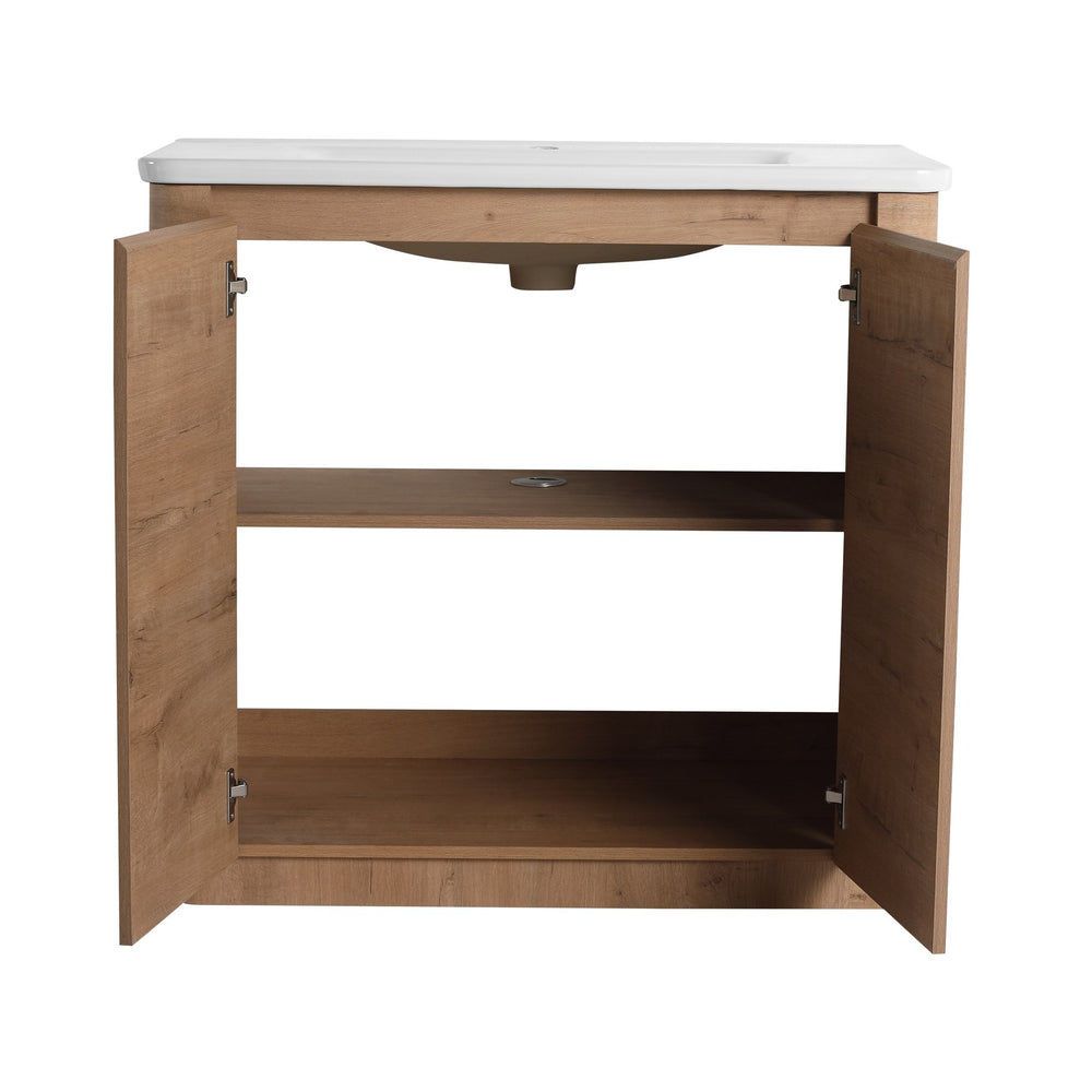 English Elm 36'' Freestanding Bathroom Vanity with White Ceramic Sink, Soft-Close Doors, Plywood, Adjustable Shelves W999P351896