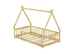 English Elm Twin Tent-Shaped Floor Bed With Guardrails – Cozy Teepee Design For Safe, Imaginative Sleep Space W504P345777-GIGA