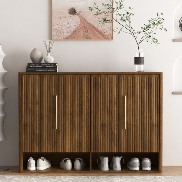 English Elm Shoe Cabinet with Four Doors Adjustable Shelves Entryway Organizer Modern Storage Unit W1321S00041
