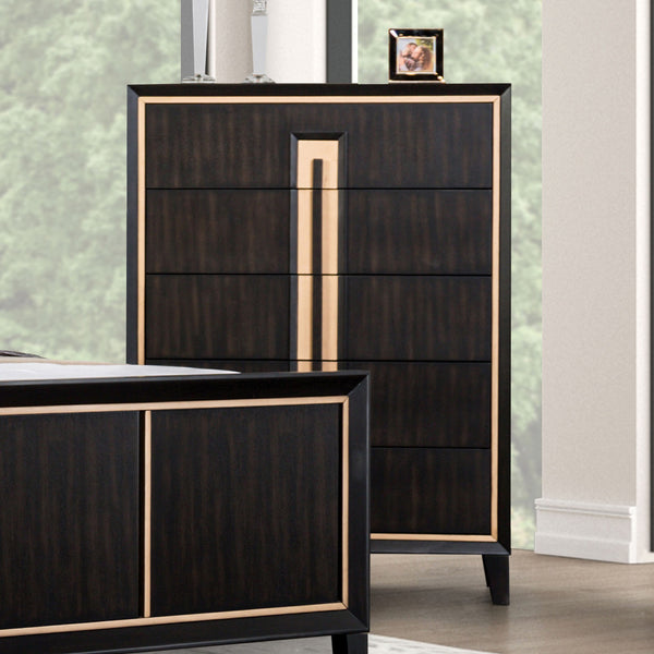 English Elm Contemporary Chic Chest with Gold Accents, Acrylic Trim, Metal Bracket Legs and Dust‑Proof Drawers Espresso 42 L x 22 W x 52 H B2741P372706
