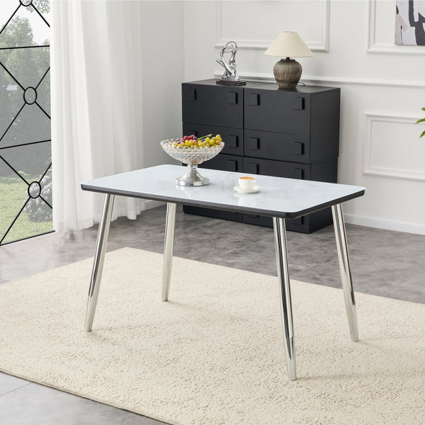 English Elm Modern Marble Look Glass Top Dining Table Slim Silver Legs Seats Six Minimalist W1151S04620