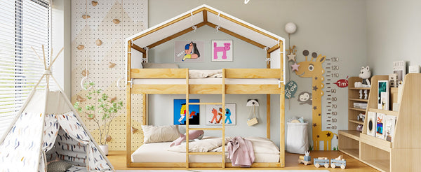 English Elm Twin Over Kids Bunk Bed with Tent Canopy Farmhouse Pinewood Playroom Frame Natural N708P248523M