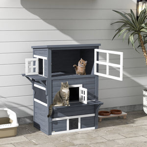 English Elm PawHut Outdoor 3-Story Cat House with Raised Floor, Asphalt Roof, Escape Doors & Play Platforms Dark Gray W2225P229411