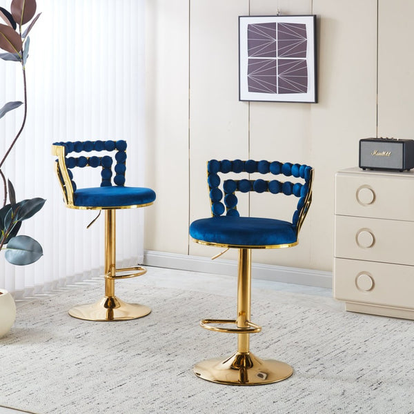 English Elm Modern Glam Pub Set with Marble Top Round Table and Two Adjustable Stools Gold+Blue W234S00135